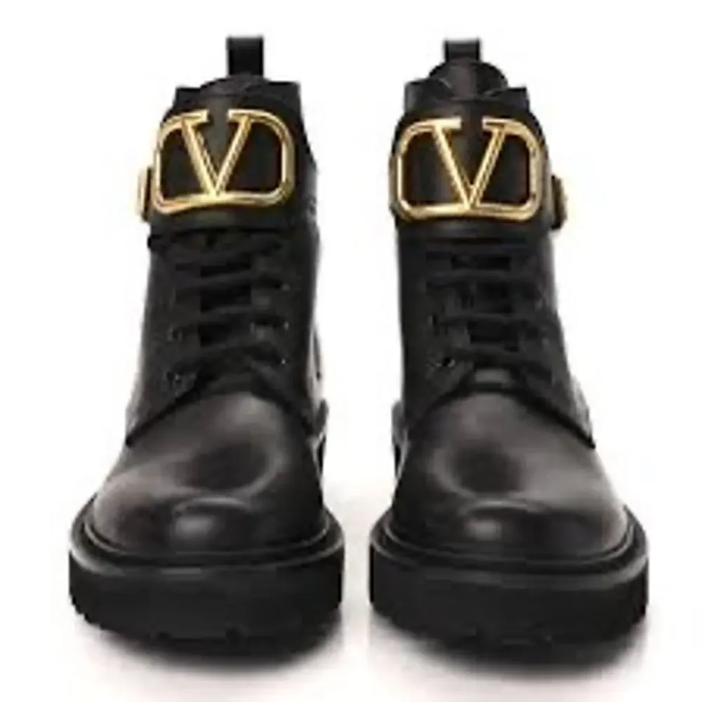 Valentino Black Leather Lace-Up Boots with Gold V-Buckle